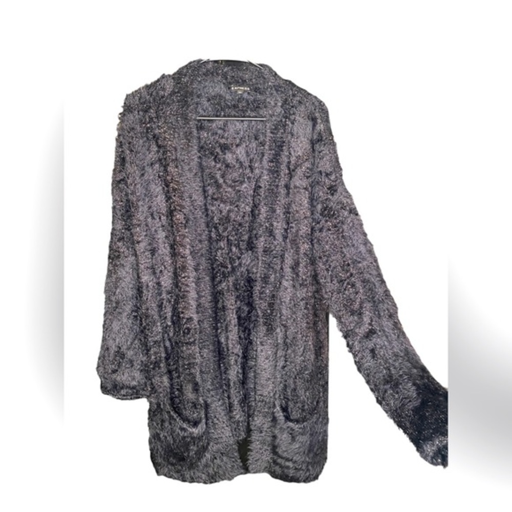 Express black with gold metallic threads cozy fuzzy open cardigan sweater medium